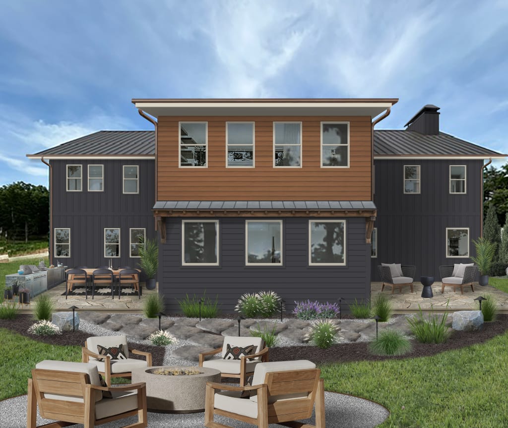 A rendering of the backside of a home featuring exterior wood siding