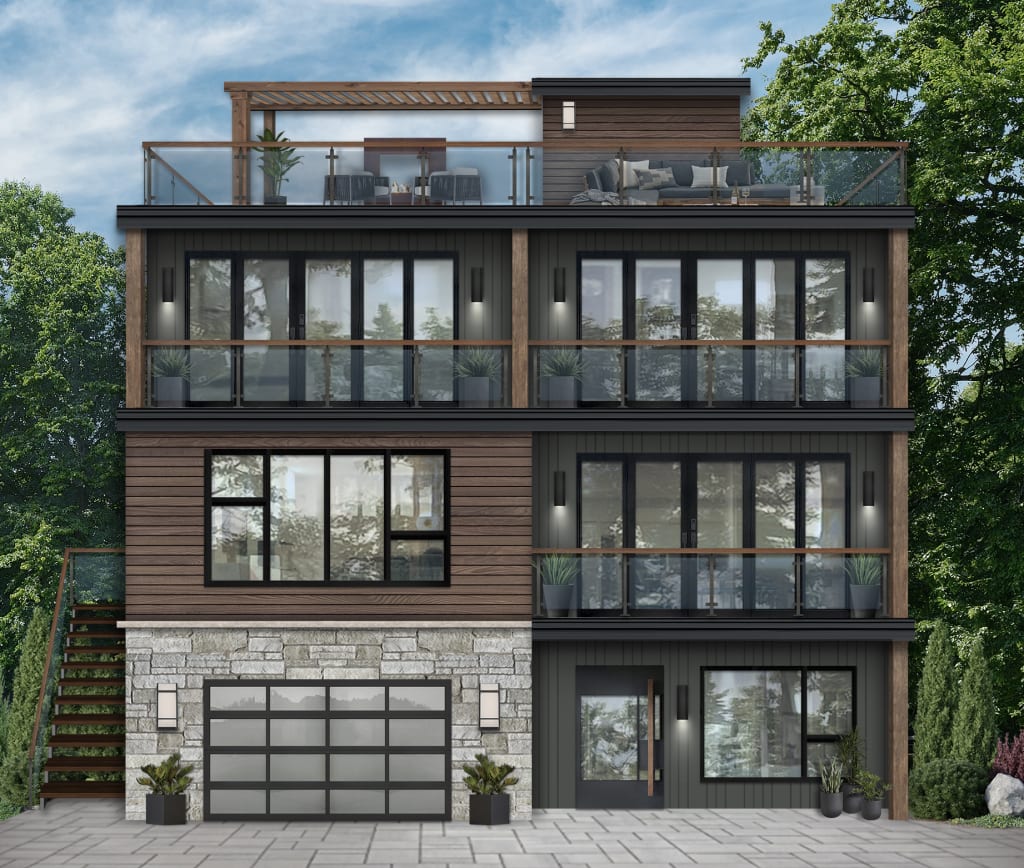 A rendering of the exterior of a modern mountain house