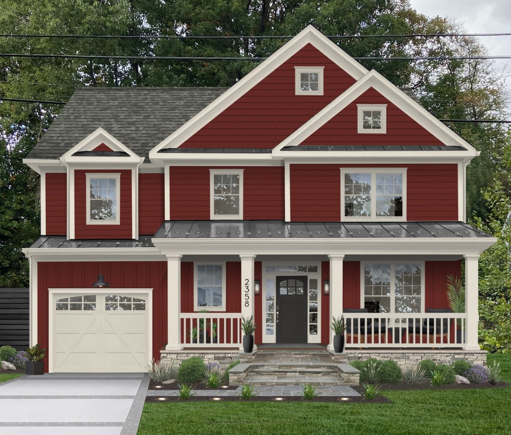 Digital rendering of a home exterior with red siding and white accents.