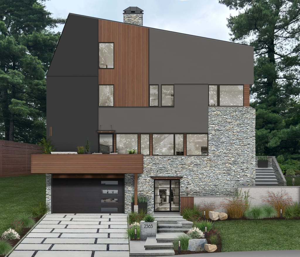 contemporary home with mixed materials and subtle awnings over the front door and balcony door