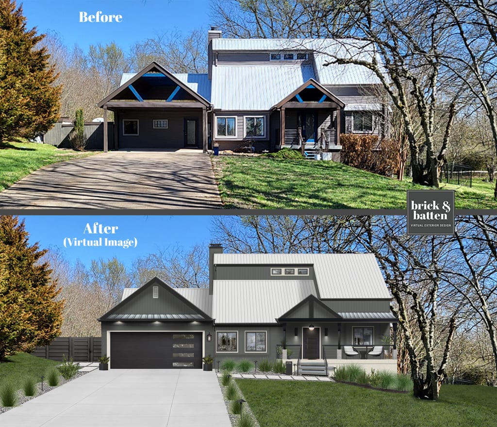 A before and after rendering of a home with siding solutions to address woodpecker damage to house