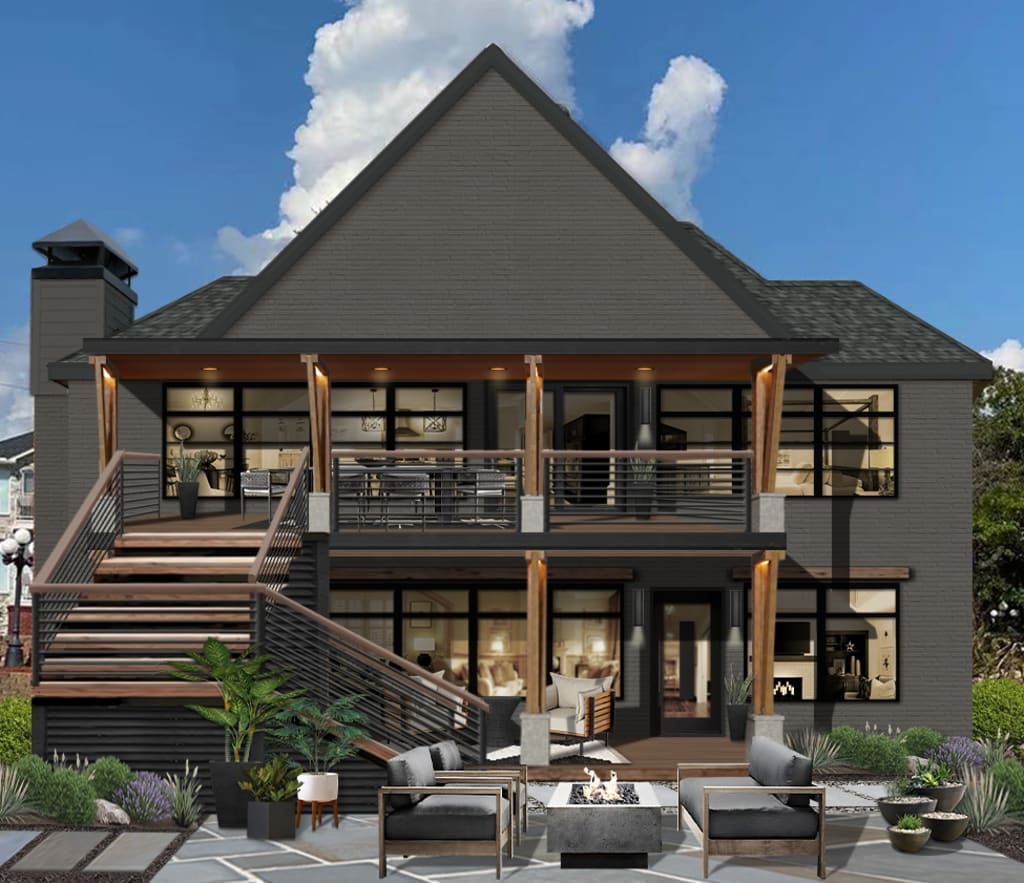 large A frame mountain modern home backyard painted in iron mountain with black trim, large staircase and stone patio with firepit and upper deck