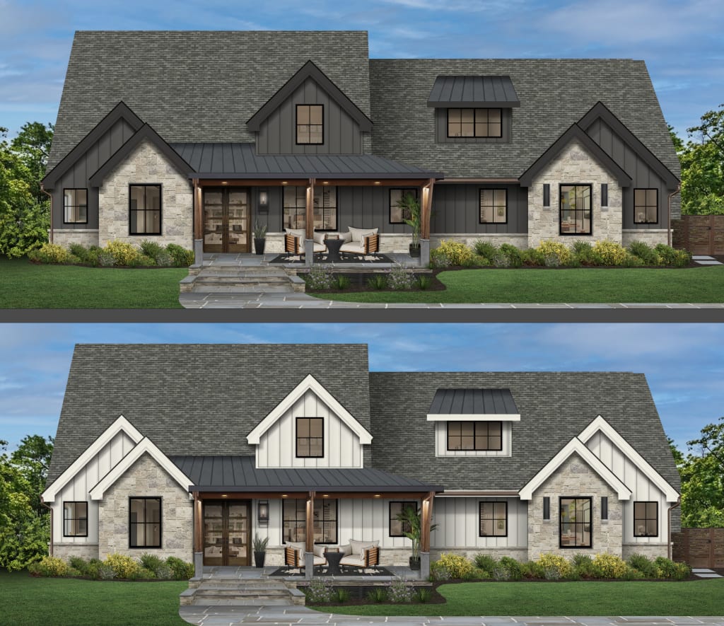 two options of digital renderings in gray and white of a large ultimate bungalow