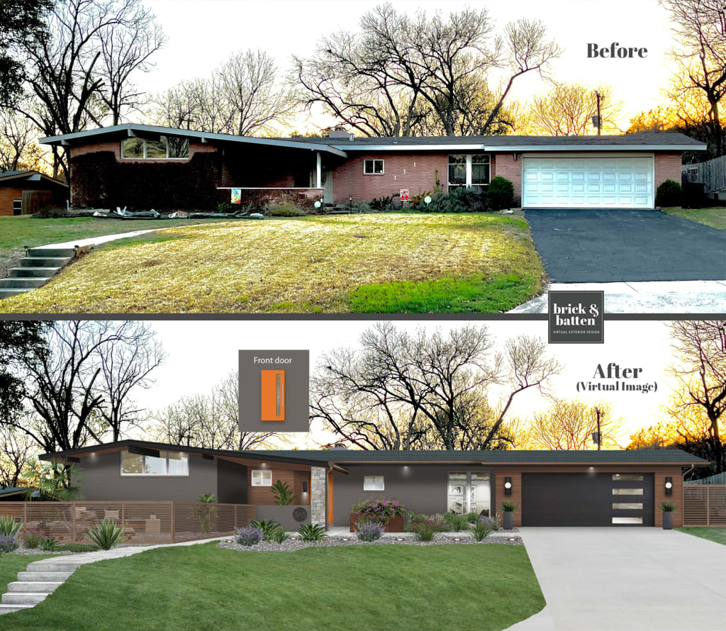Before and after of a mid-century modern home with a new statement front door