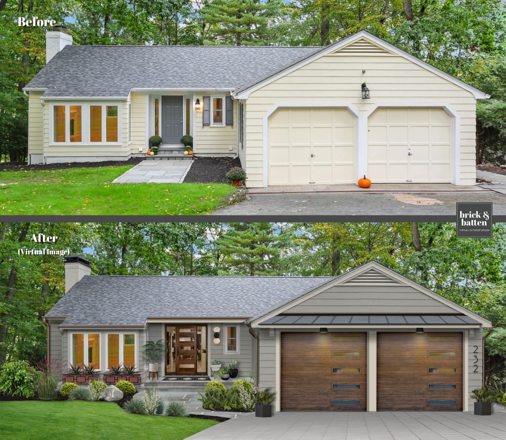 modern home with accent planters and wooden garage doors