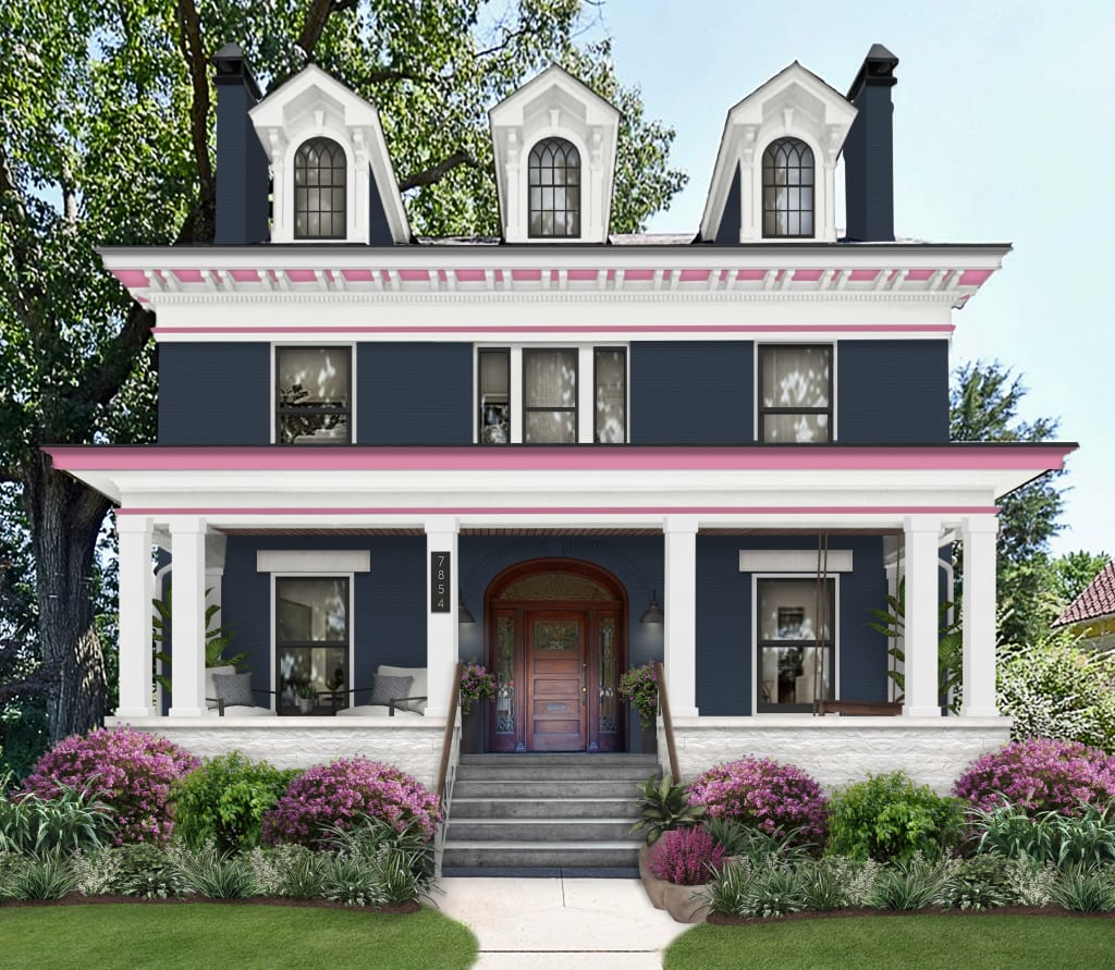 navy blue historic home with pink accent trim