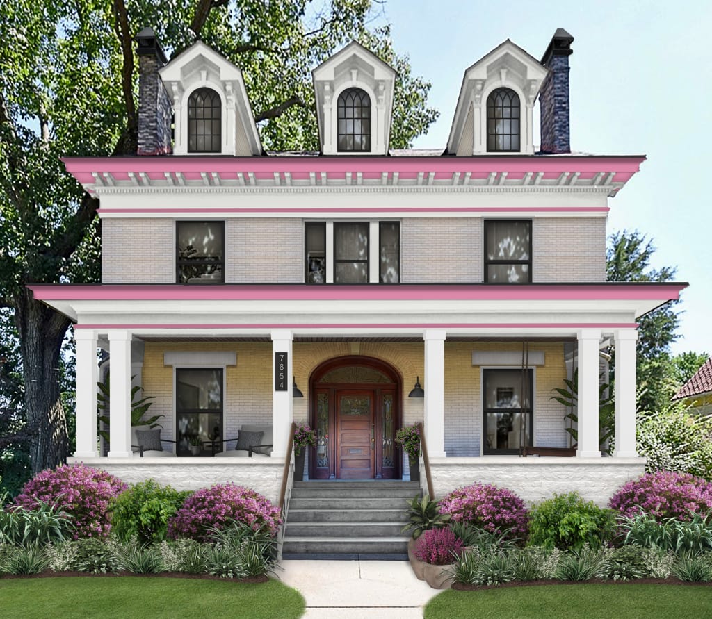 Victorian home exterior with pink and white coquette aesthetic color palette.
