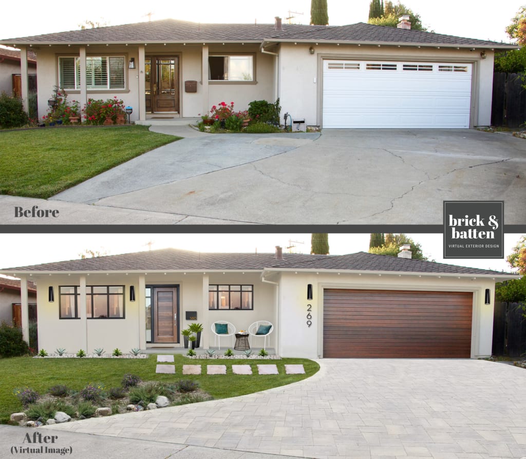 Before and after exterior view of a one-story white stucco house