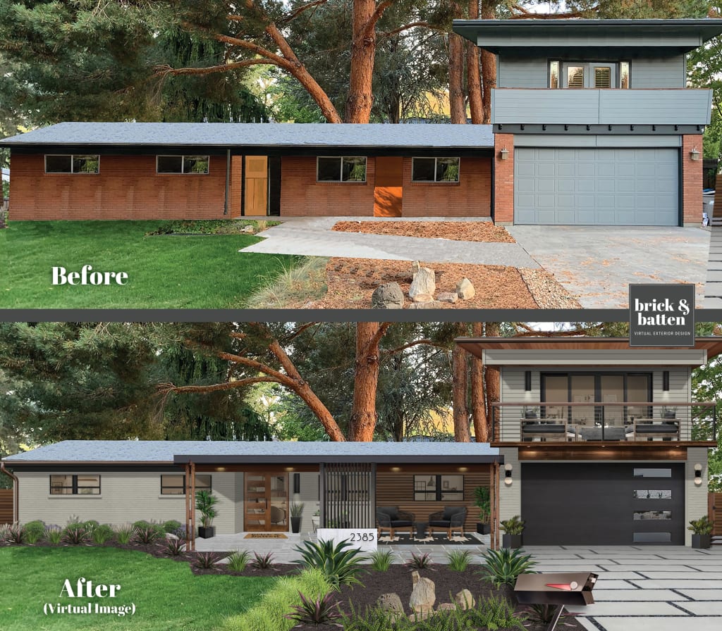 before and after of a ranch with second story addition over the garage updated with woodtone panels and gray painted brick