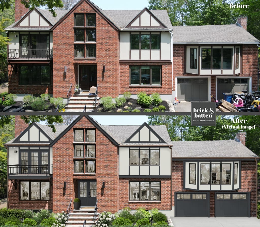 Before and after of a Tudor-style home with natural brick and updated accent paint colors