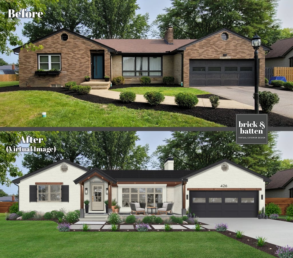 before-and-after rendering of a traditional ranch home with white brick and neutral accents
