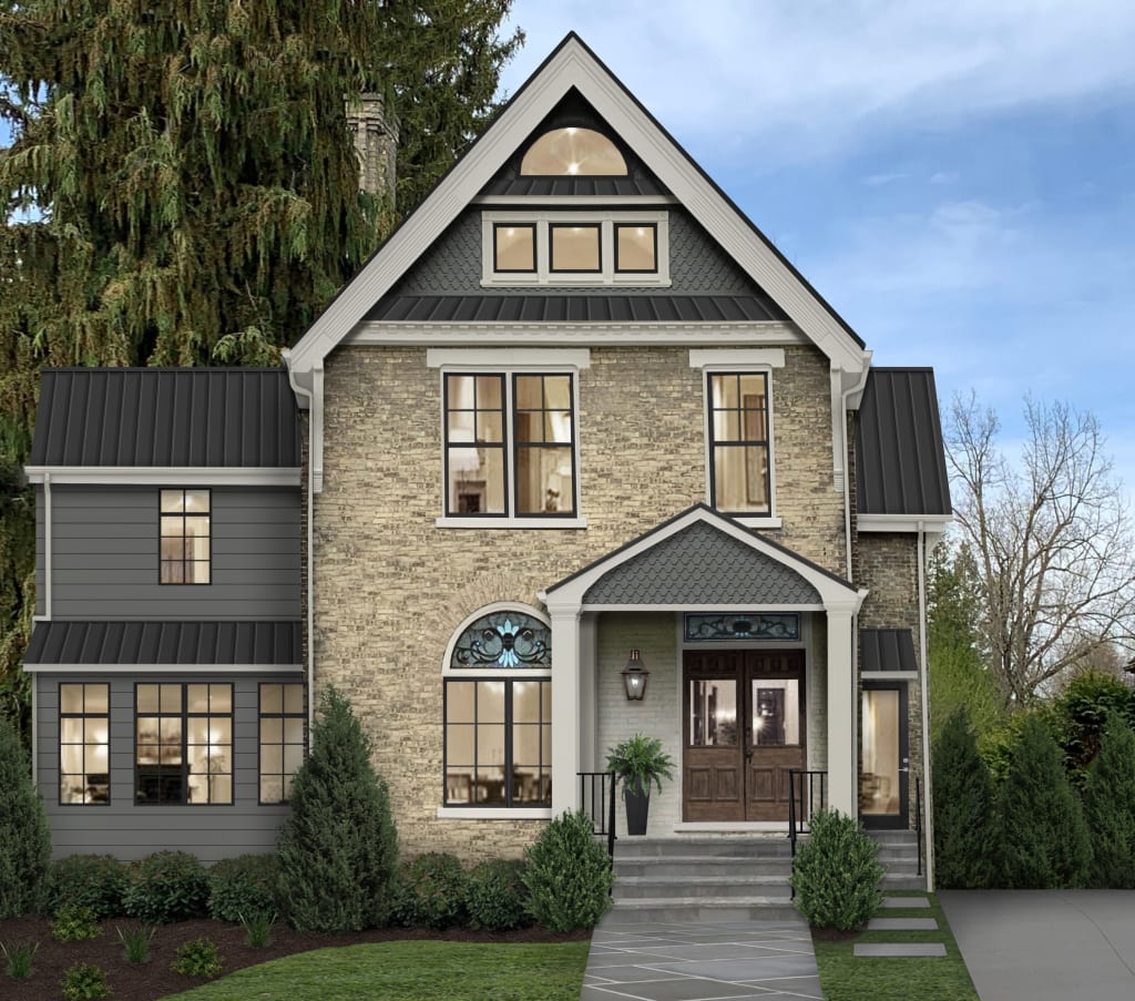 three story victorian home painted gray with white stone and stained glass windows