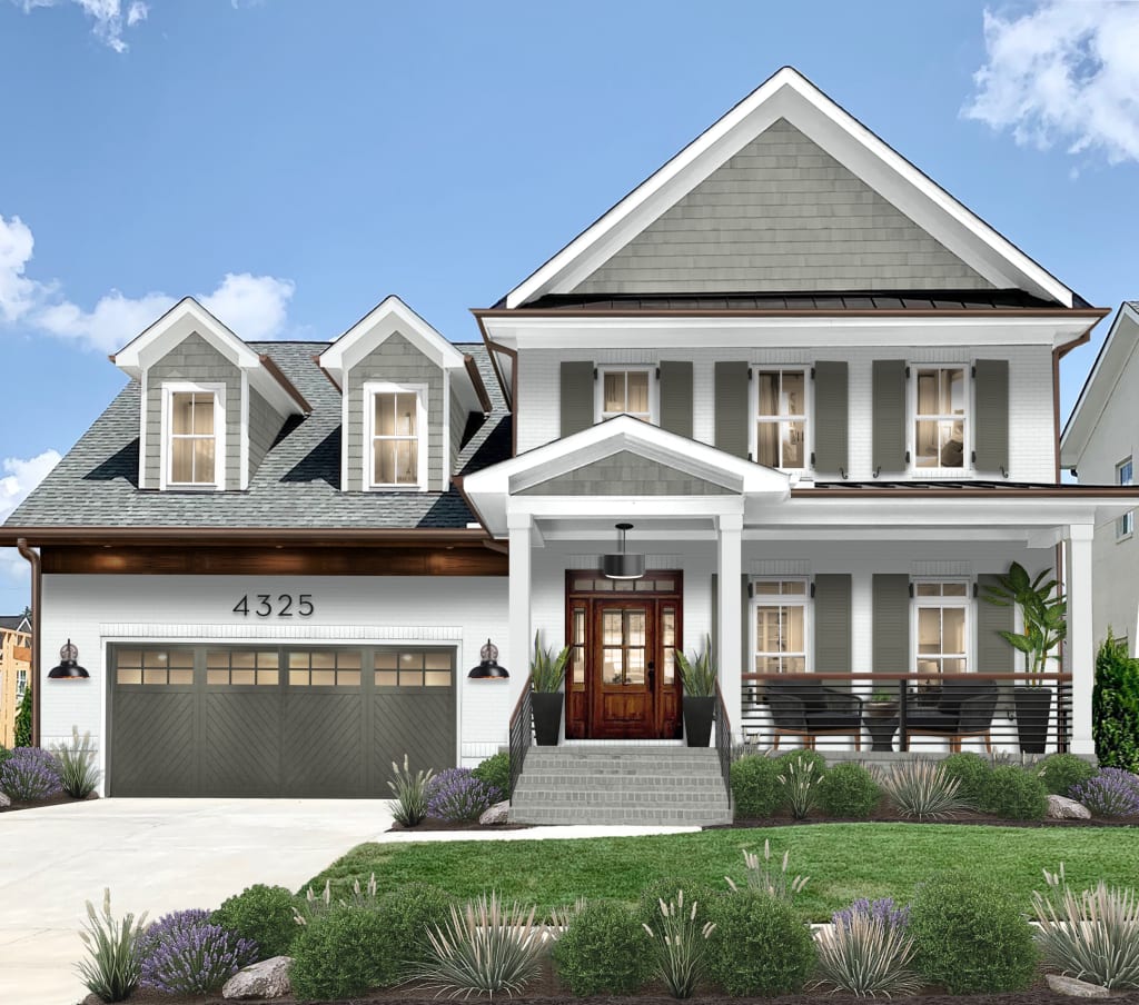 A white home with shutters rendered in Cast Iron, one of the best Sherwin Williams exterior paint colors for 2023