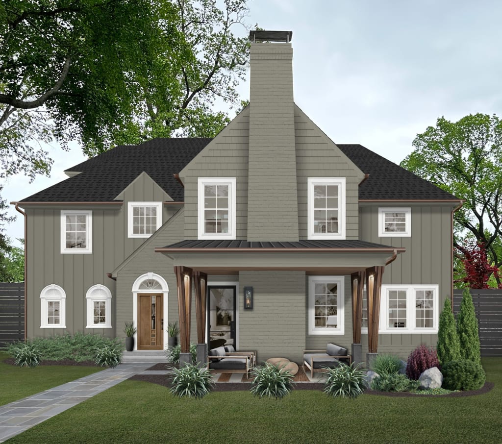 Desert Twilight by Benjamin Moore on a multi-textured home with wood columns, white trim, and a tall chimney.