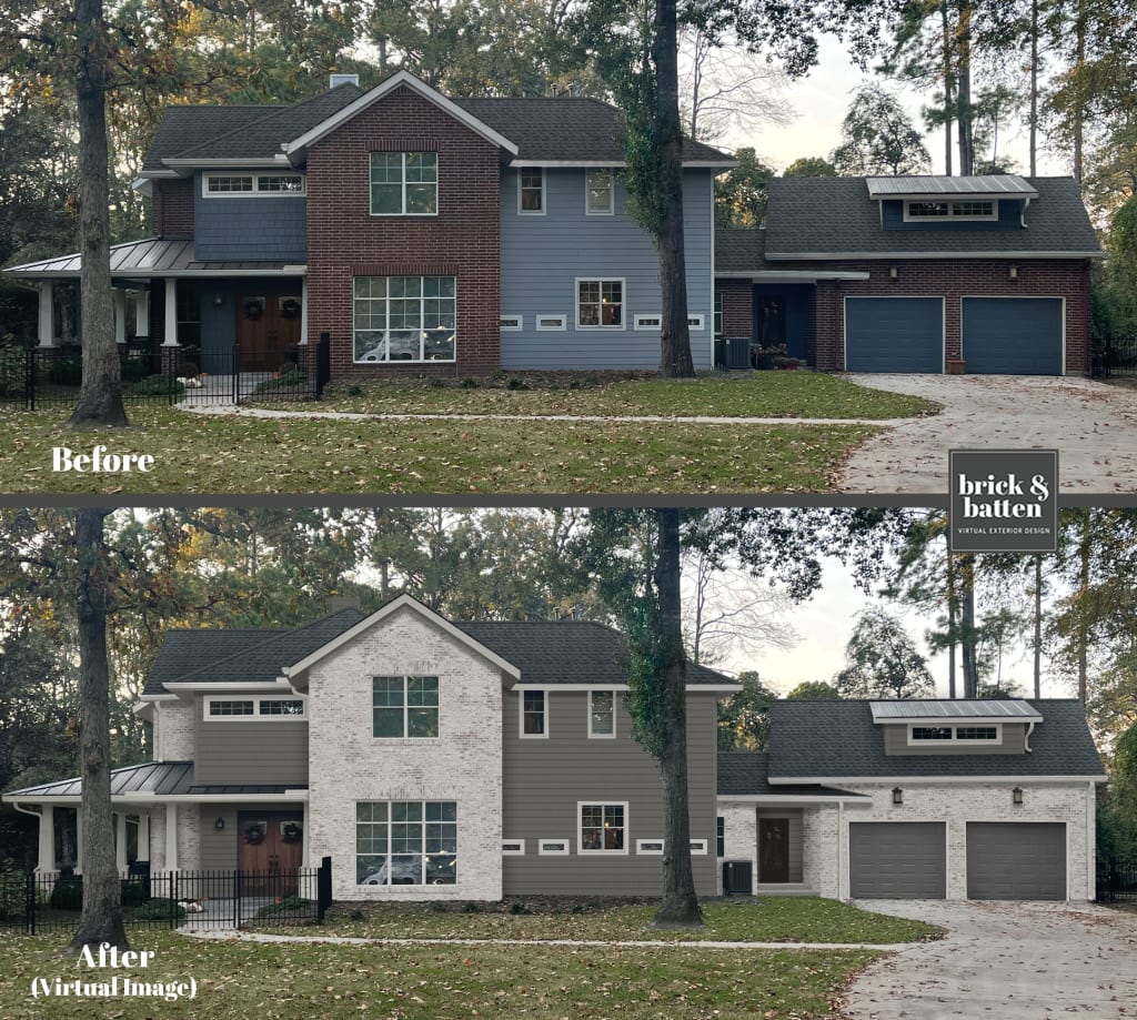 A two-story home with a combination of brick and siding that have been limewashed and painted, respectively