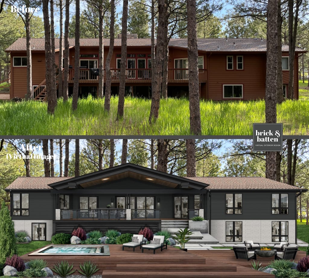 before-and-after rendering of a house with a plunge pool and firepit on the deck
