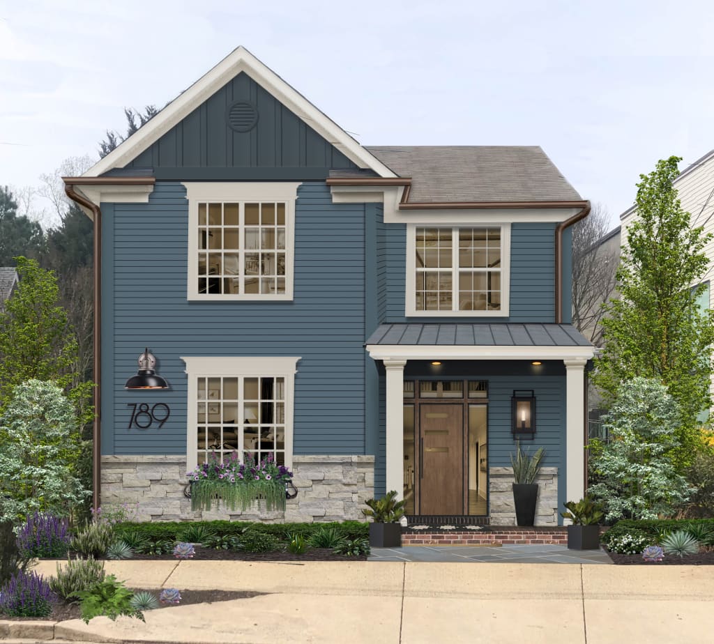 Virtual exterior design of a home with the main siding painted in Waterloo and vertical siding accent in Needlepoint Navy, both by Sherwin Williams