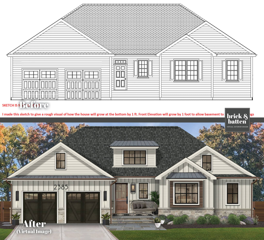 two story modern home blueprint before and after rendered digitally in seapearl