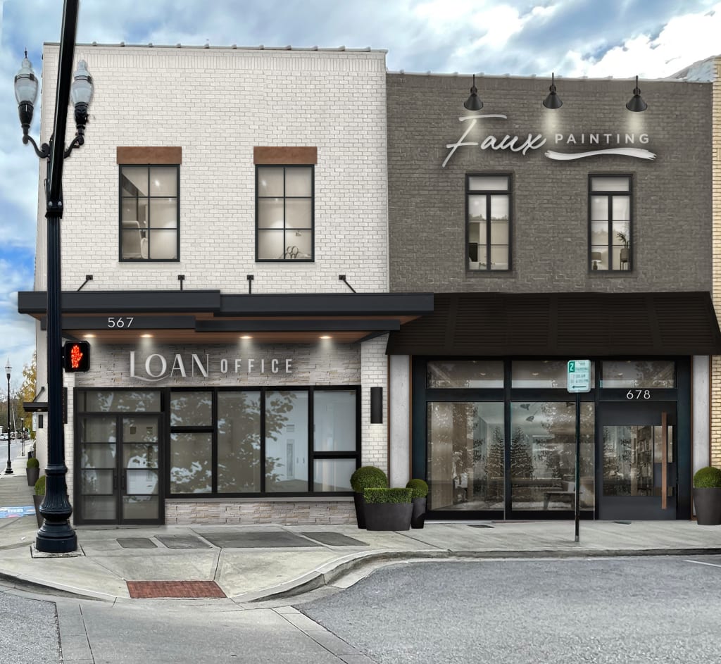 urban brick-and-mortar business front with black windows and industrial awning