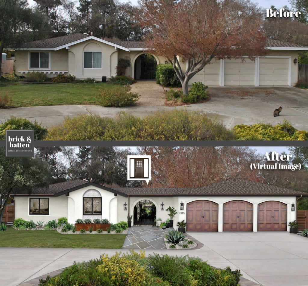 before and after of a spanish style ranch home with large arched entryway and woodgrain garage doors