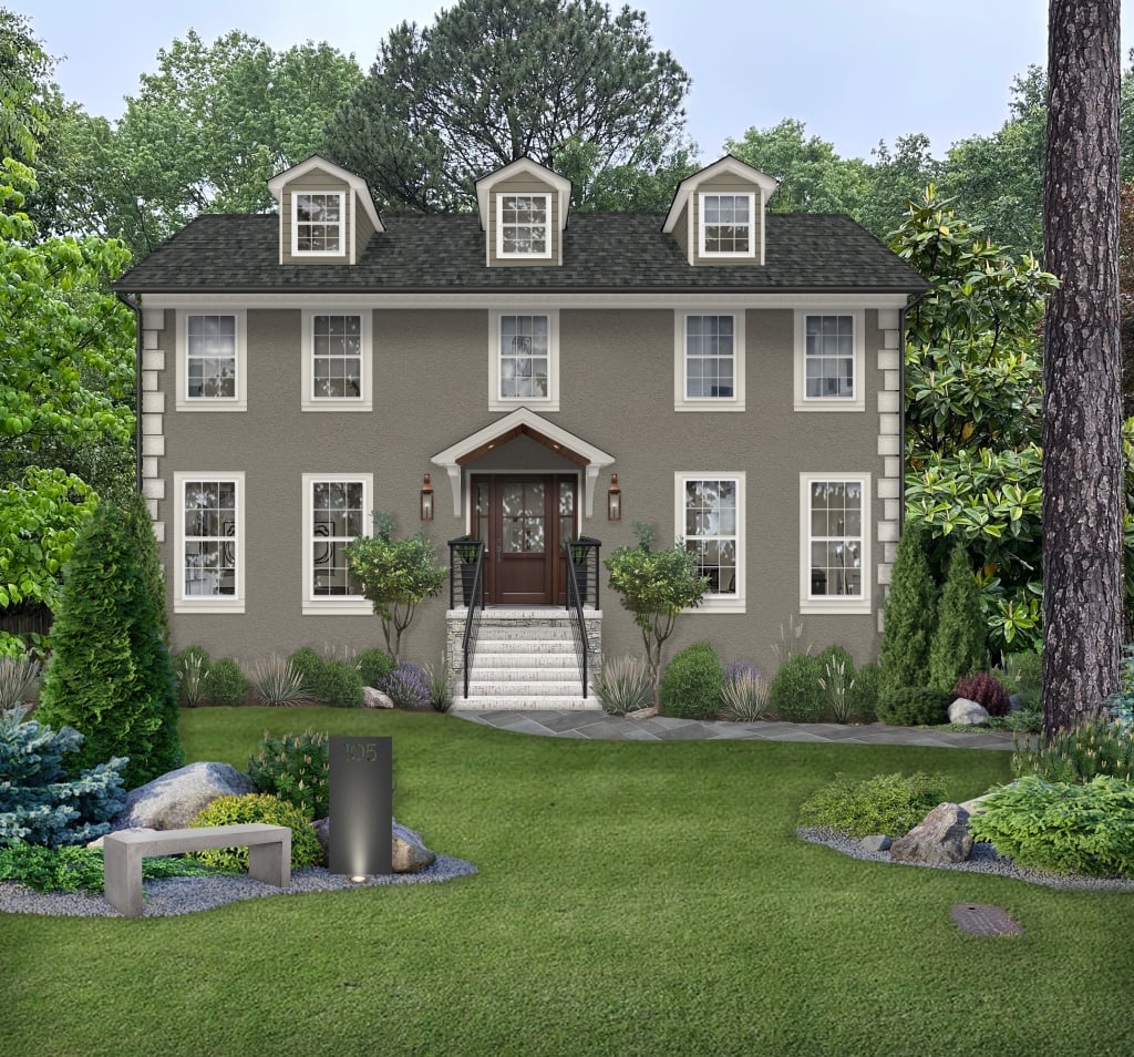 Large colonial style home with Shoji White by Sherwin Williams on the trim, wood front door, dormer windows, and copper light fixtures.