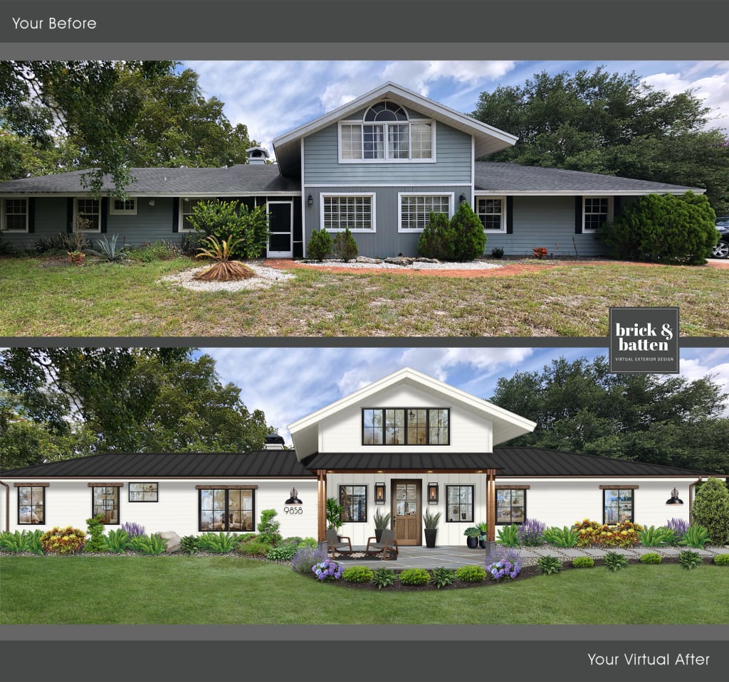 Before and after of a formerly blue house with a large front yard that has been done over in Benjamin Moore Simply White on the house and trim. The windows are lined with black pair, and the large has been refurbished to include fresh green grass and delicate plantings for curb appeal.