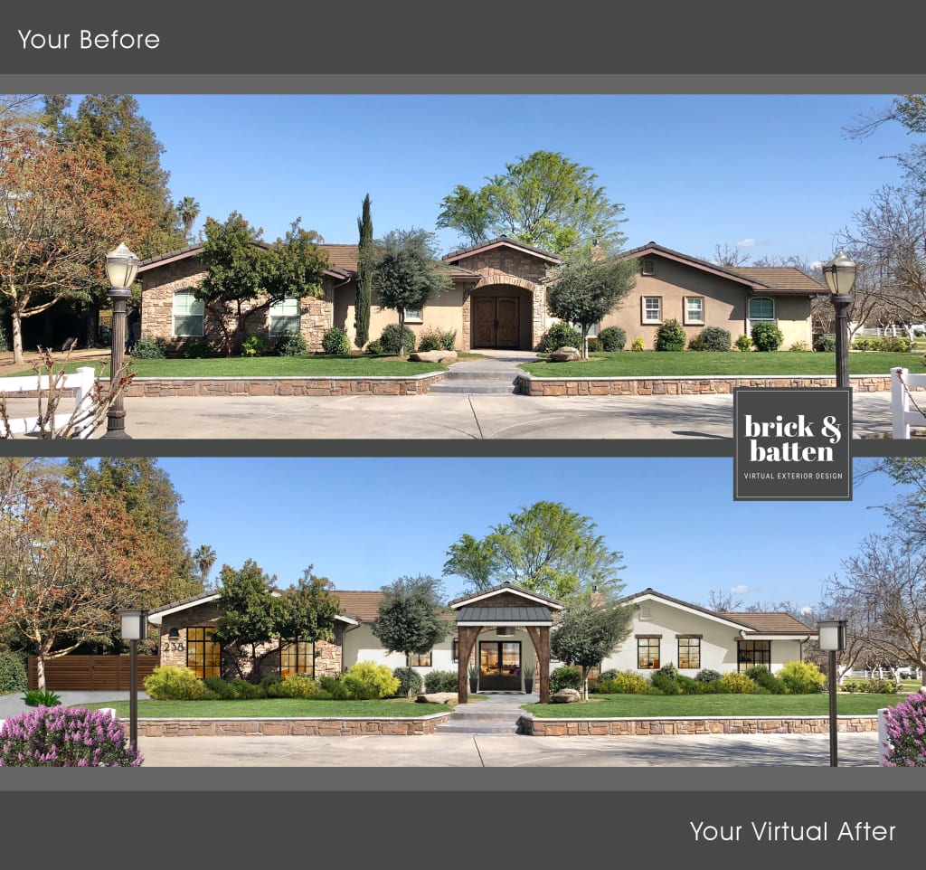 Before and after of a traditional Spanish Mediterranean home with a front porch awning and columns addition, painted in Seapearl