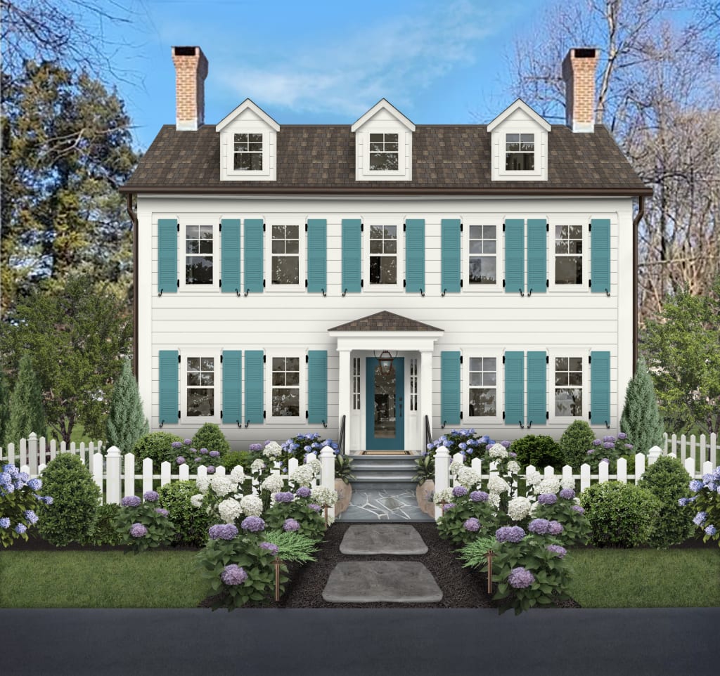 traditional house with white siding and turquoise shutters and front door