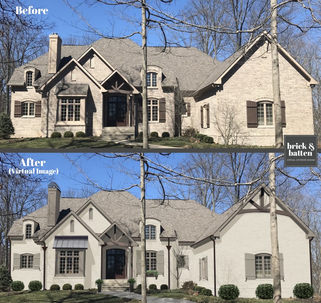 Before and after of a home with board and batten shutters