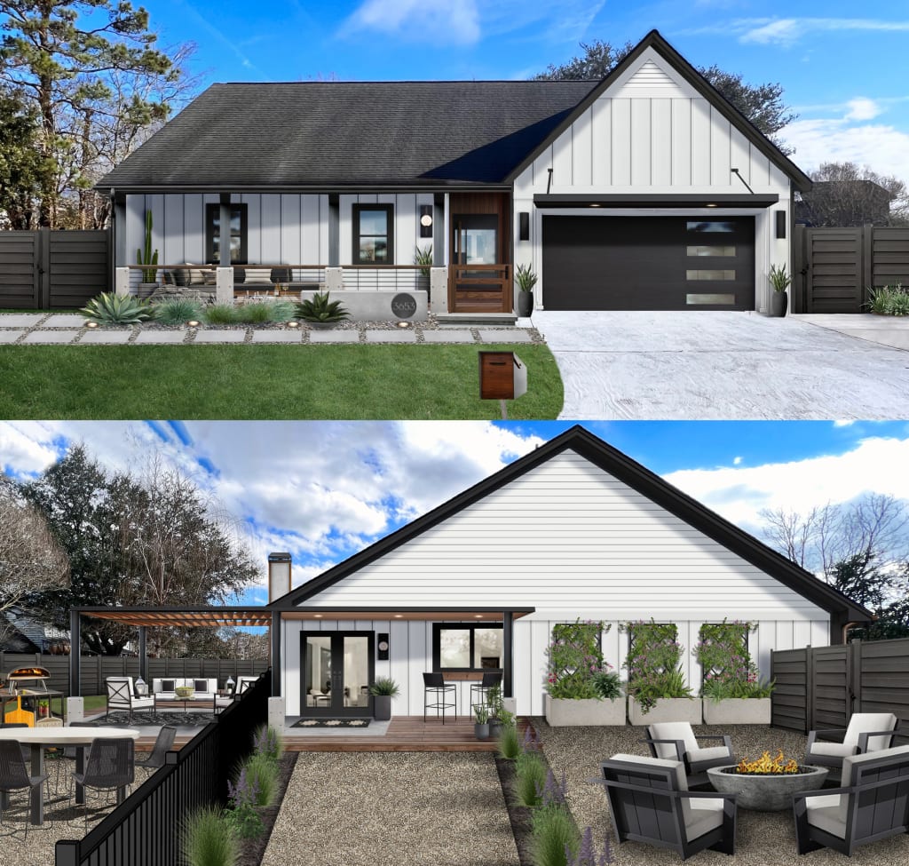 Front and back view of a Japandi style home with a black-and-white color palette