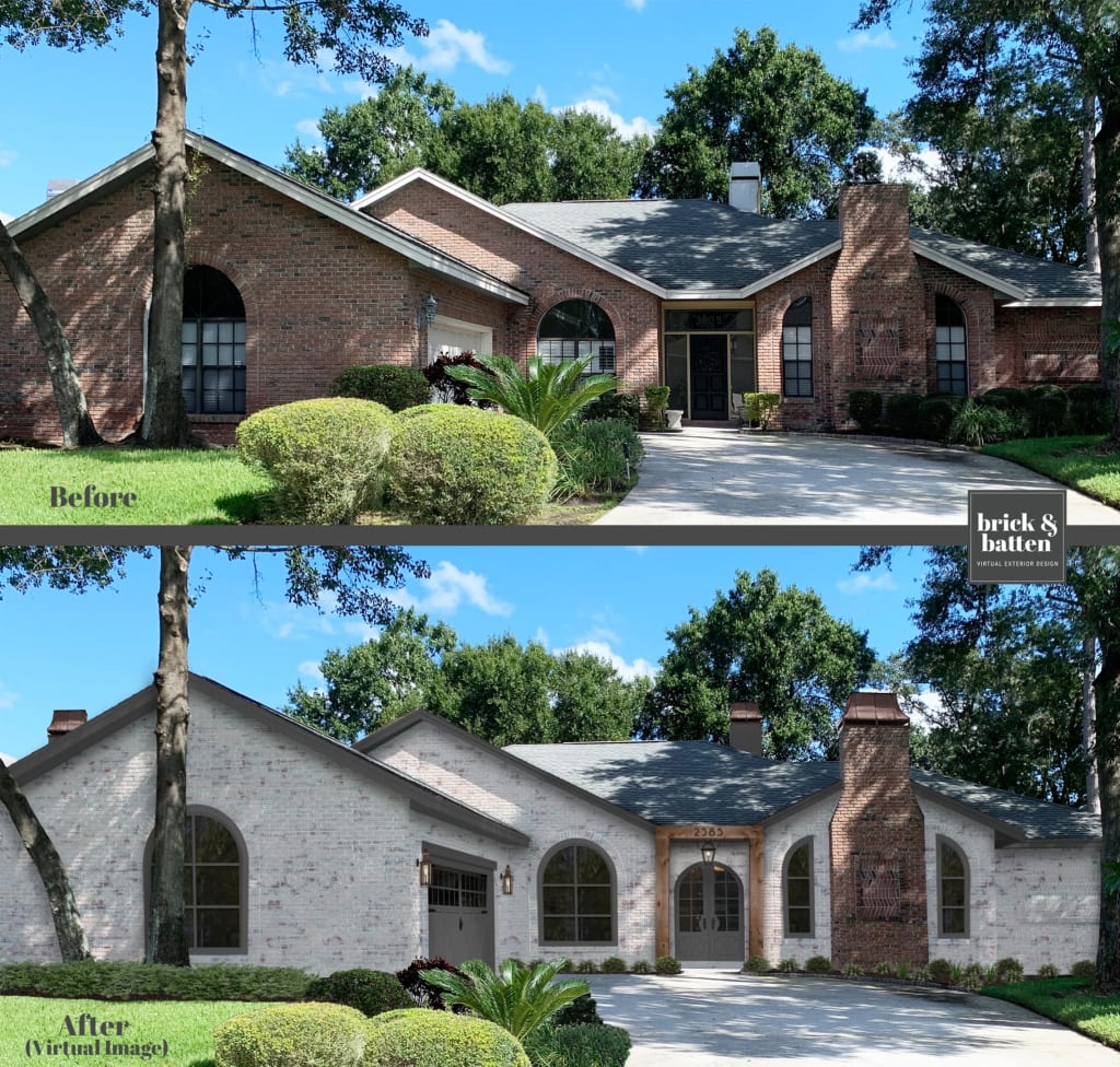 limewash brick ranch with a decorative brick chimney in the front and wood archway over the door