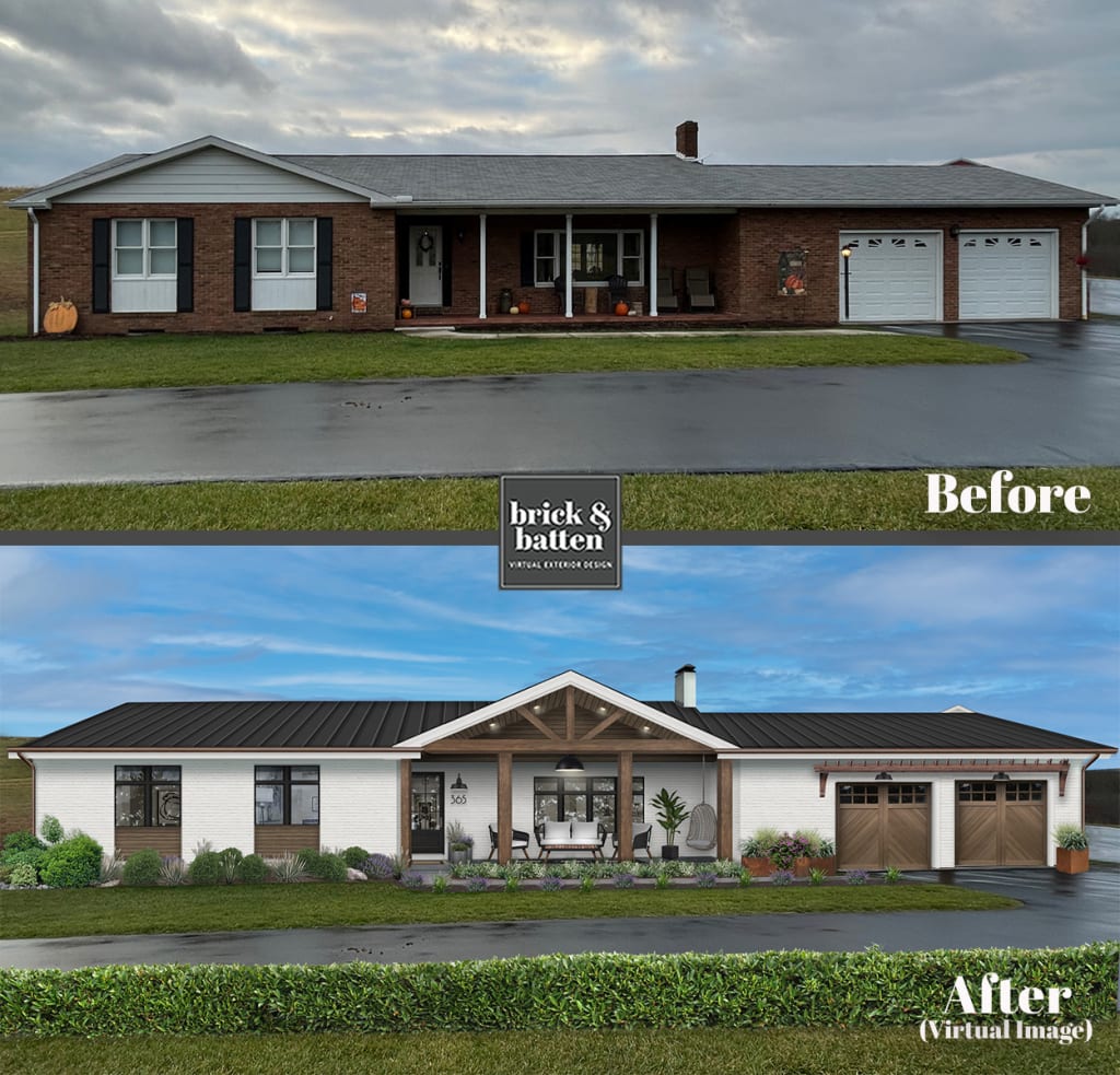 before and after rendering of a ranch with a rustic flare