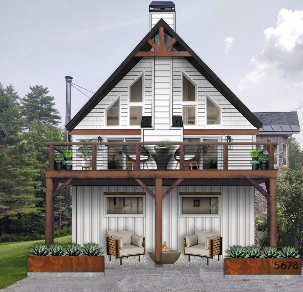 small colonial home with symmetrical windows, furniture, and Corten steel planters
