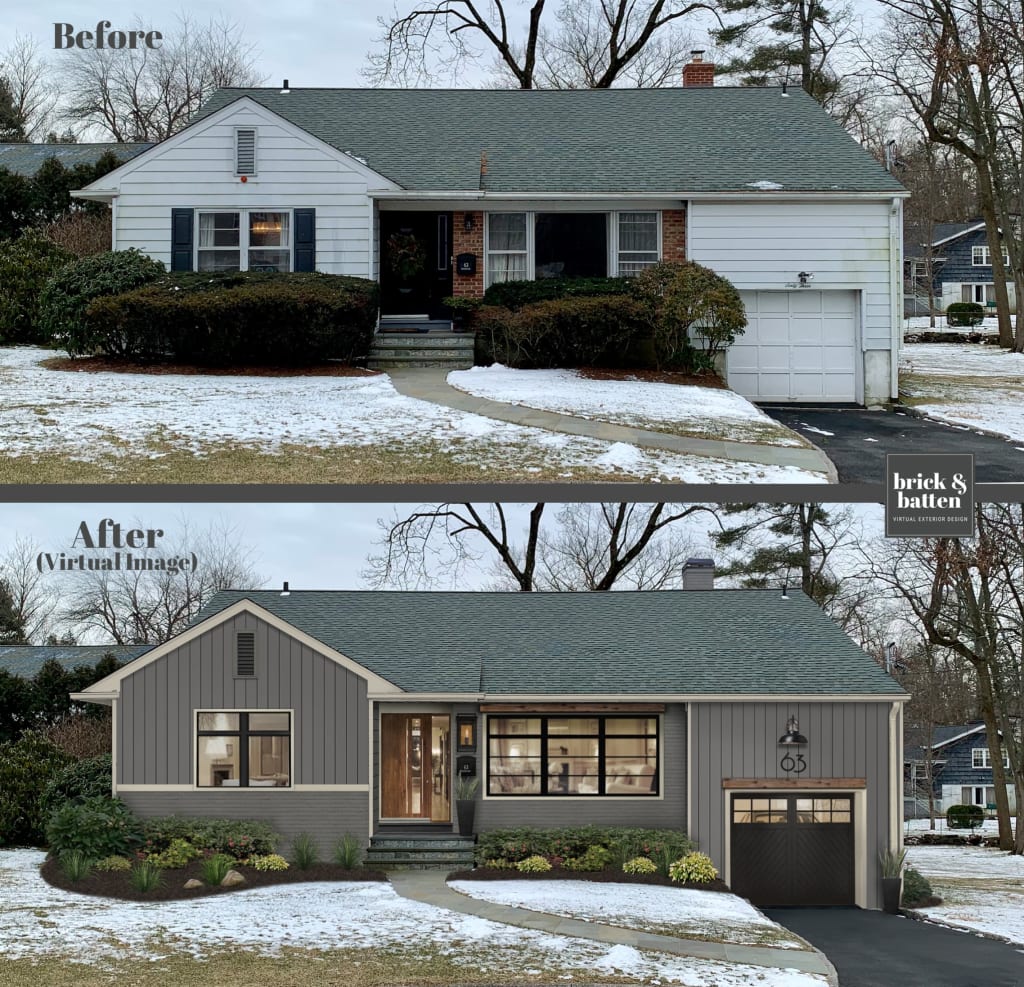 Before and after of a ranch home with a new paint job and new windows