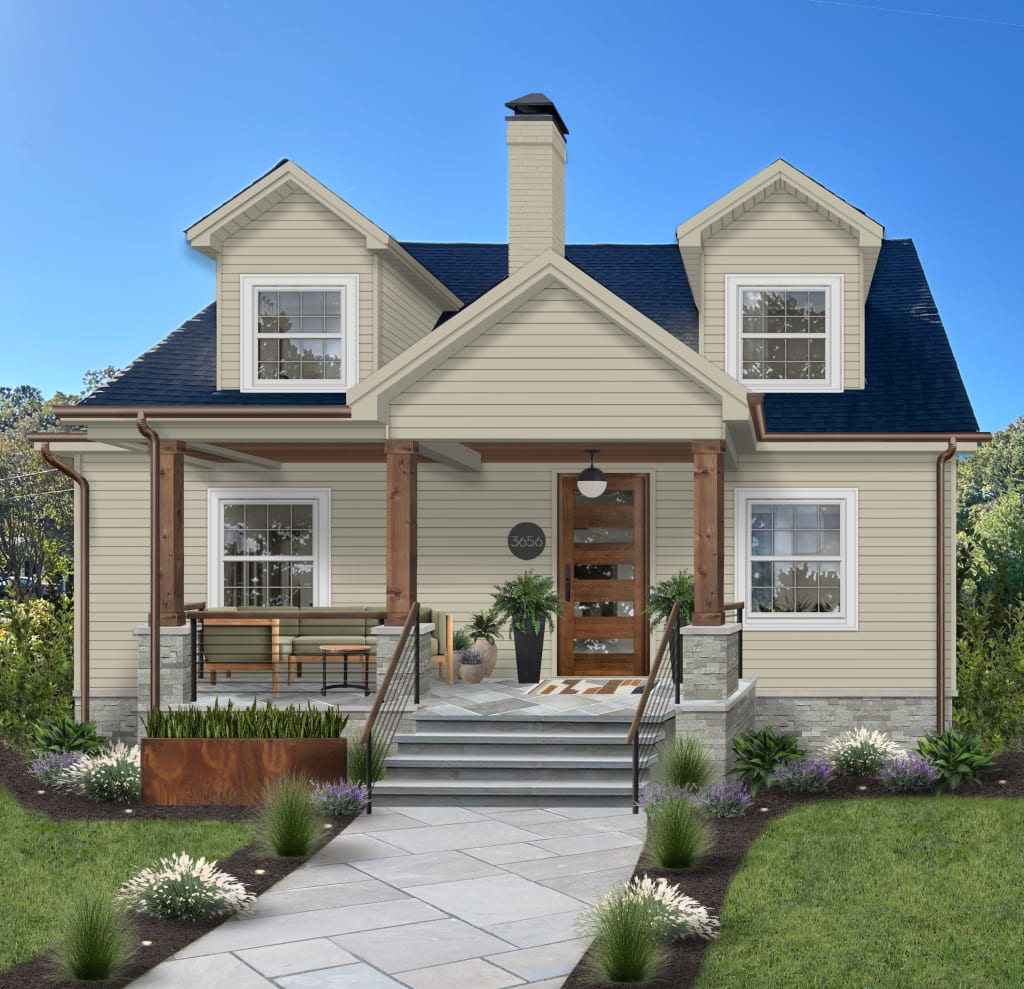 house with beige siding and warm wood accents