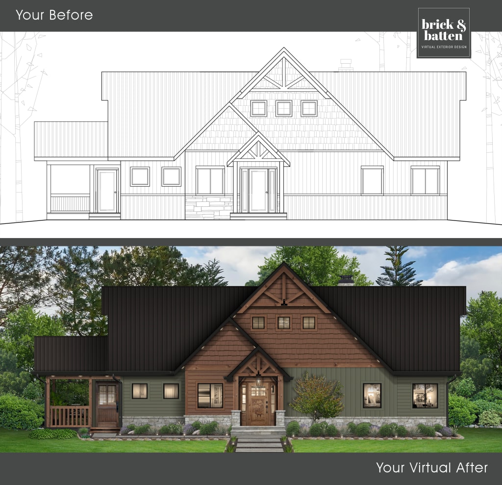 Blueprints and a virtual rendering of a cabin-style home