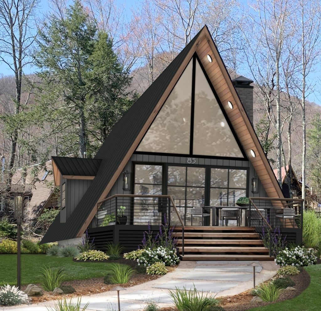 An a-frame home in a wooded setting