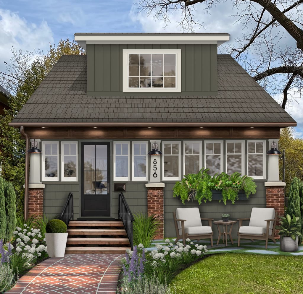 modern crafstman house with sage green siding and brick walkway