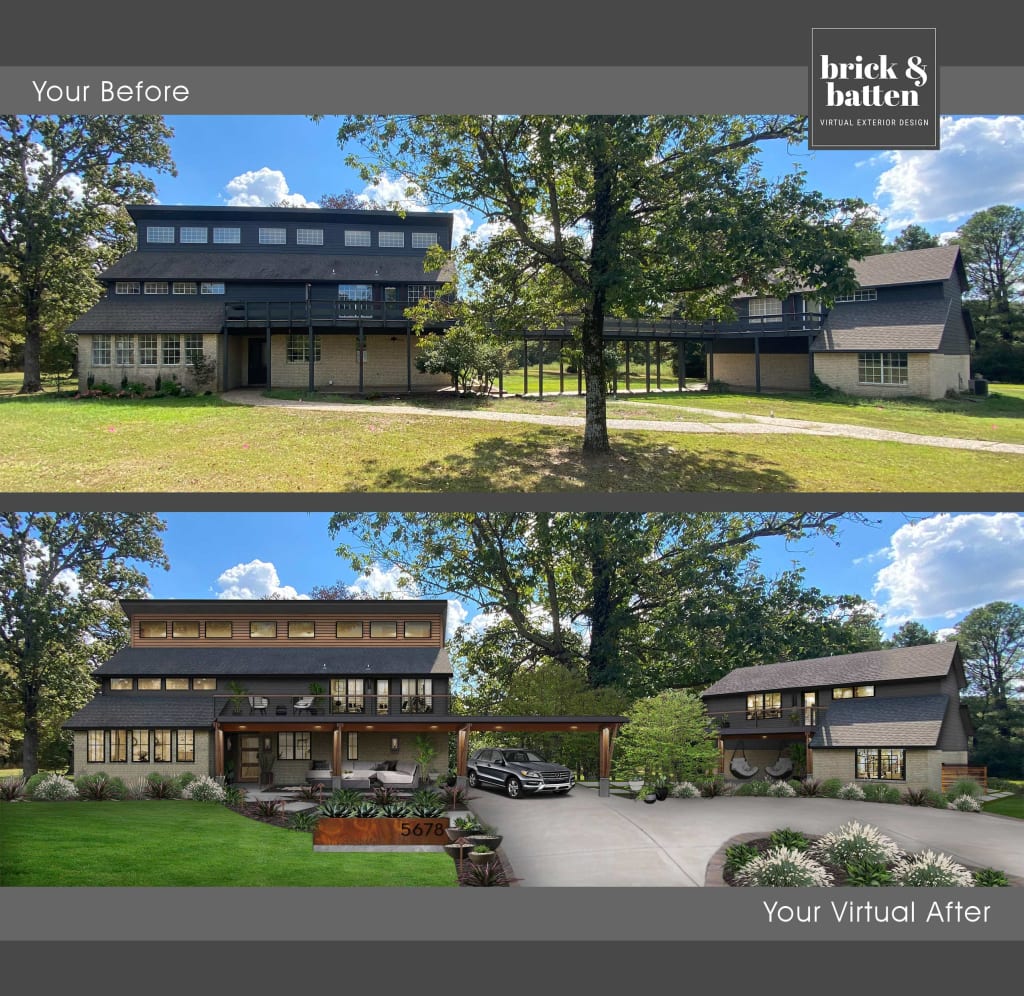 before and after of a unique 3 story home with walkway and guest house
