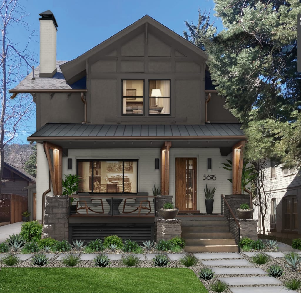 craftsman house with brown and greige stucco