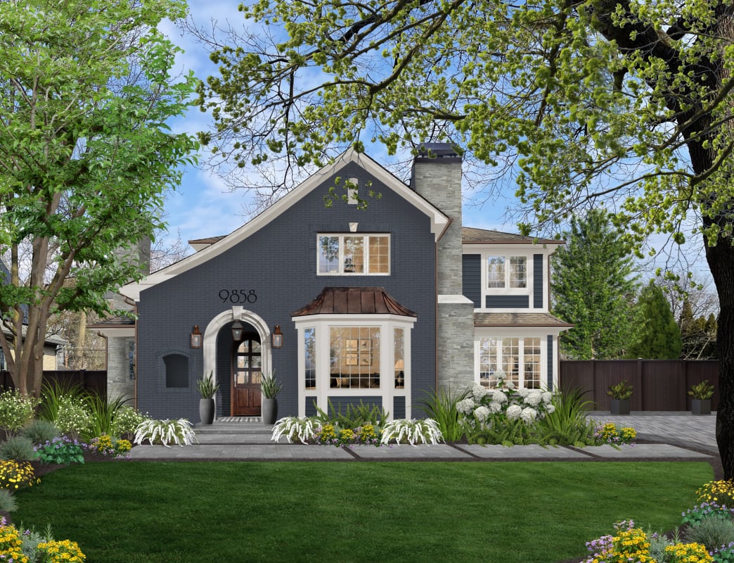 A traditional home with the brick painted in Benjamin Moore's Hale Navy