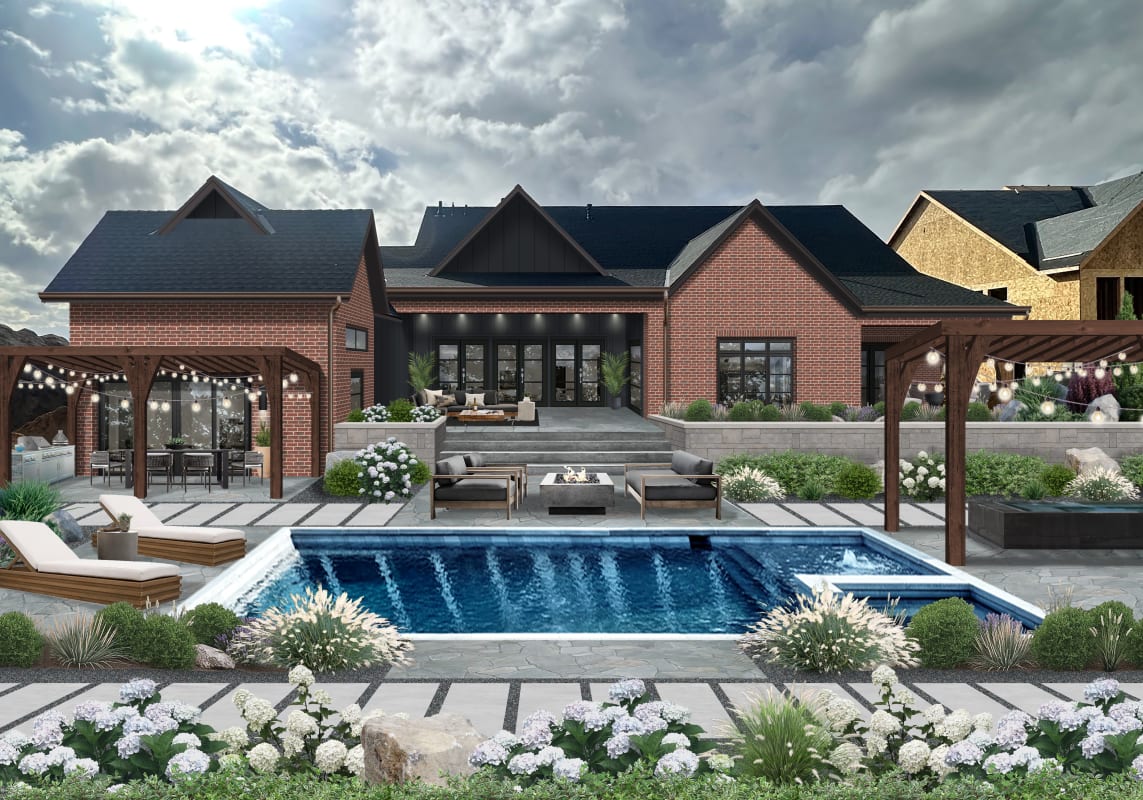 Backyard virtually designed by brick&batten using popular pergola ideas.