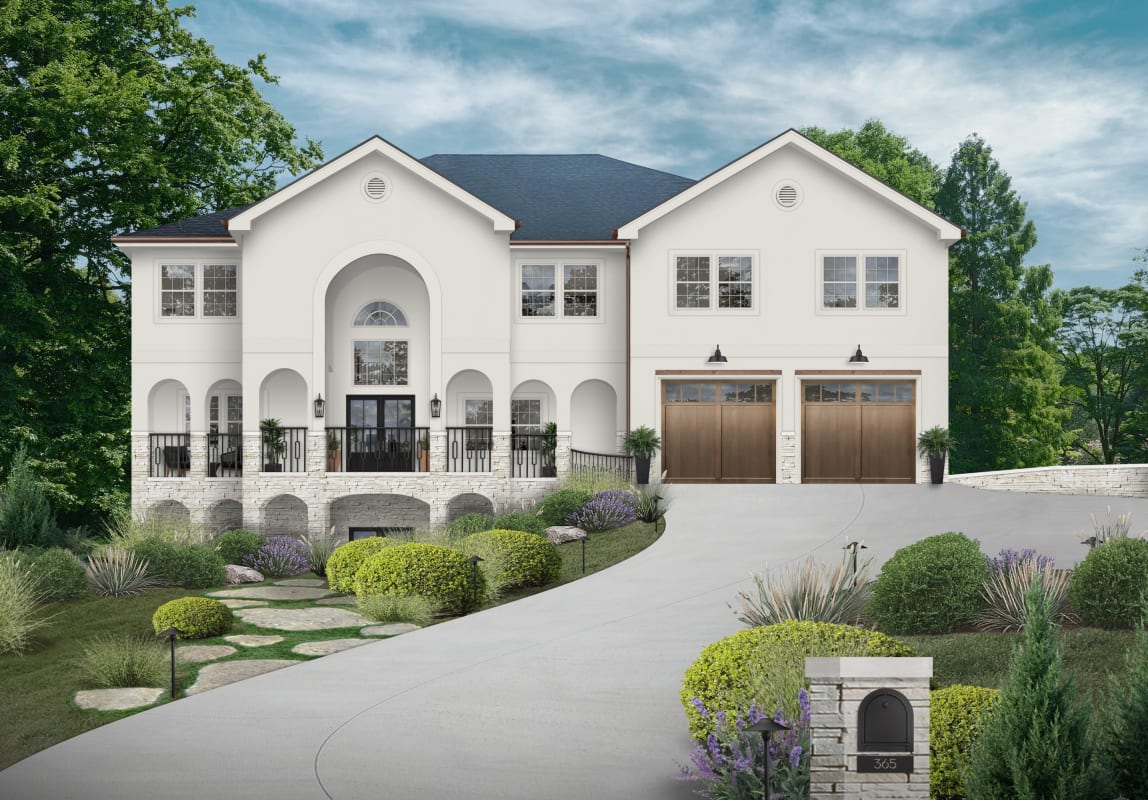 White two-story stucco home virtually designed by brick&batten.