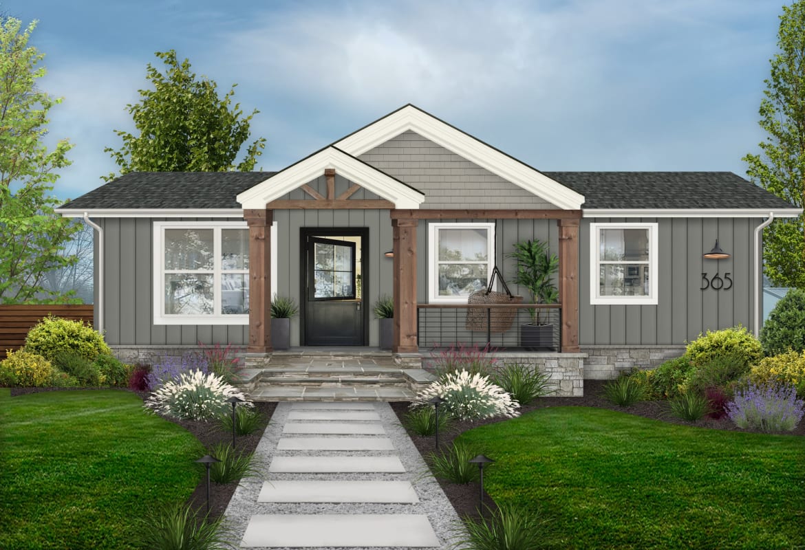 A ranch home rendered in Magnolia Home | James Hardie Collection colors Slate Steps and Stone Paver