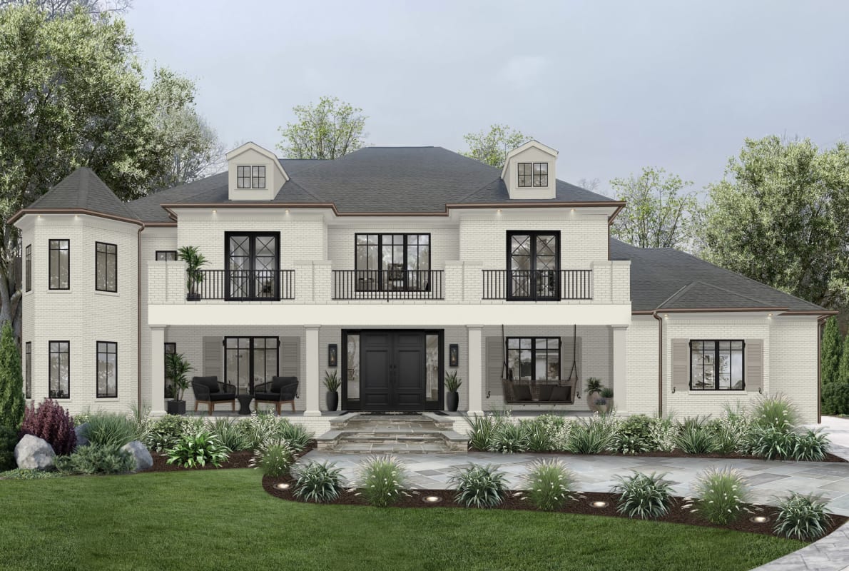 A home rendering featuring faux copper gutters