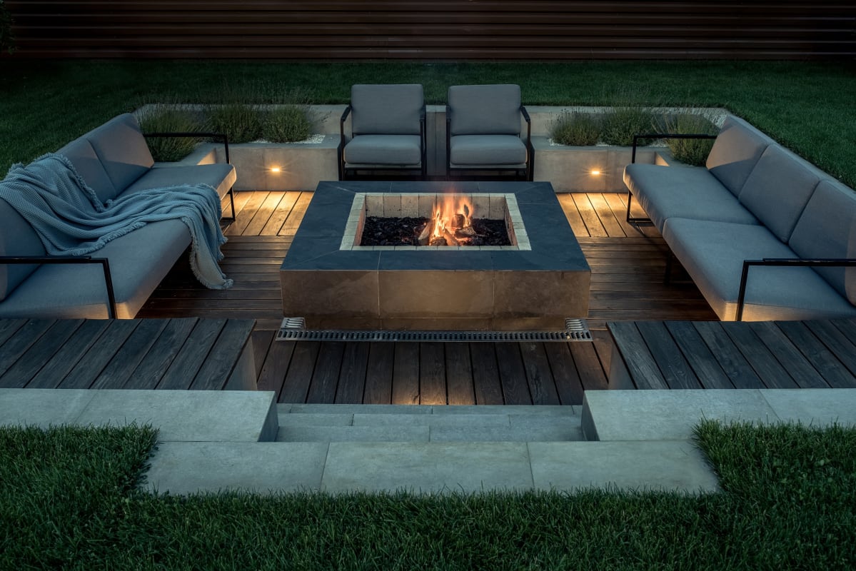 fire pit under twinkle lights