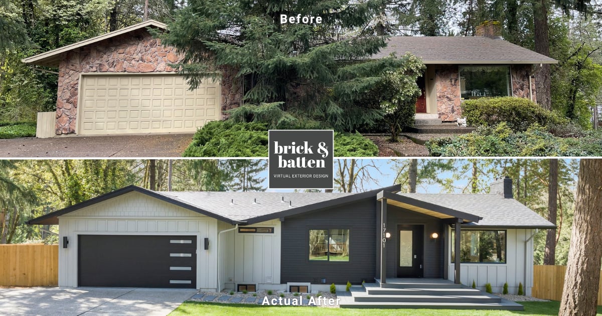 A before and actual after photo of a mid century modern ranch style home