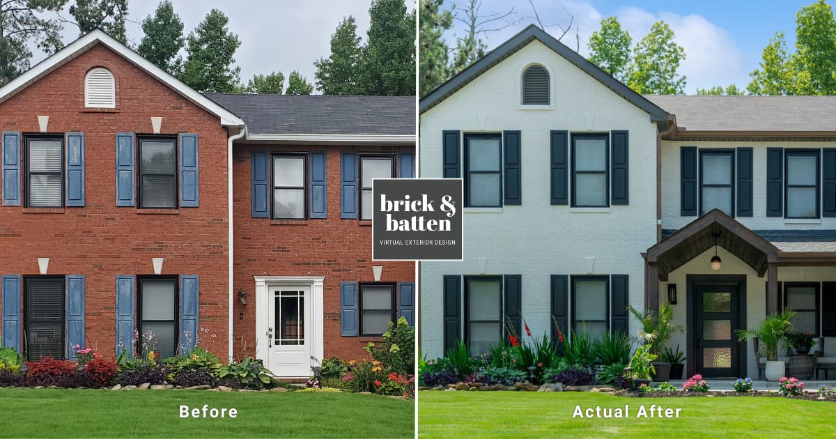 A before and actual after photo of a painted brick house