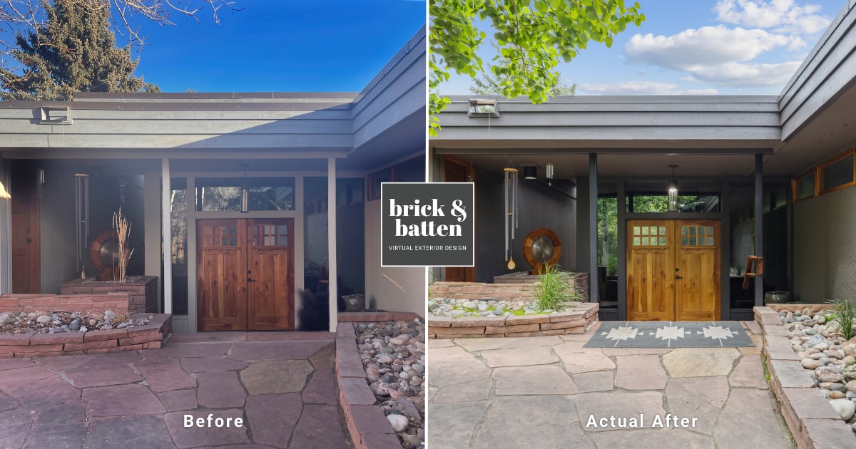 A before and actual after photo of a house with a flat roof