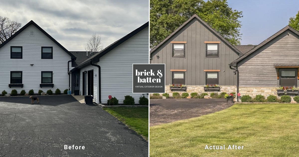 A before and actual after photo of a home with gray siding